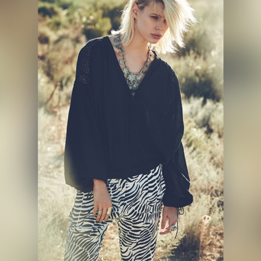 My Sunday Morning Sheer Crochet Black Blouse Balloon Statement Sleeve Top